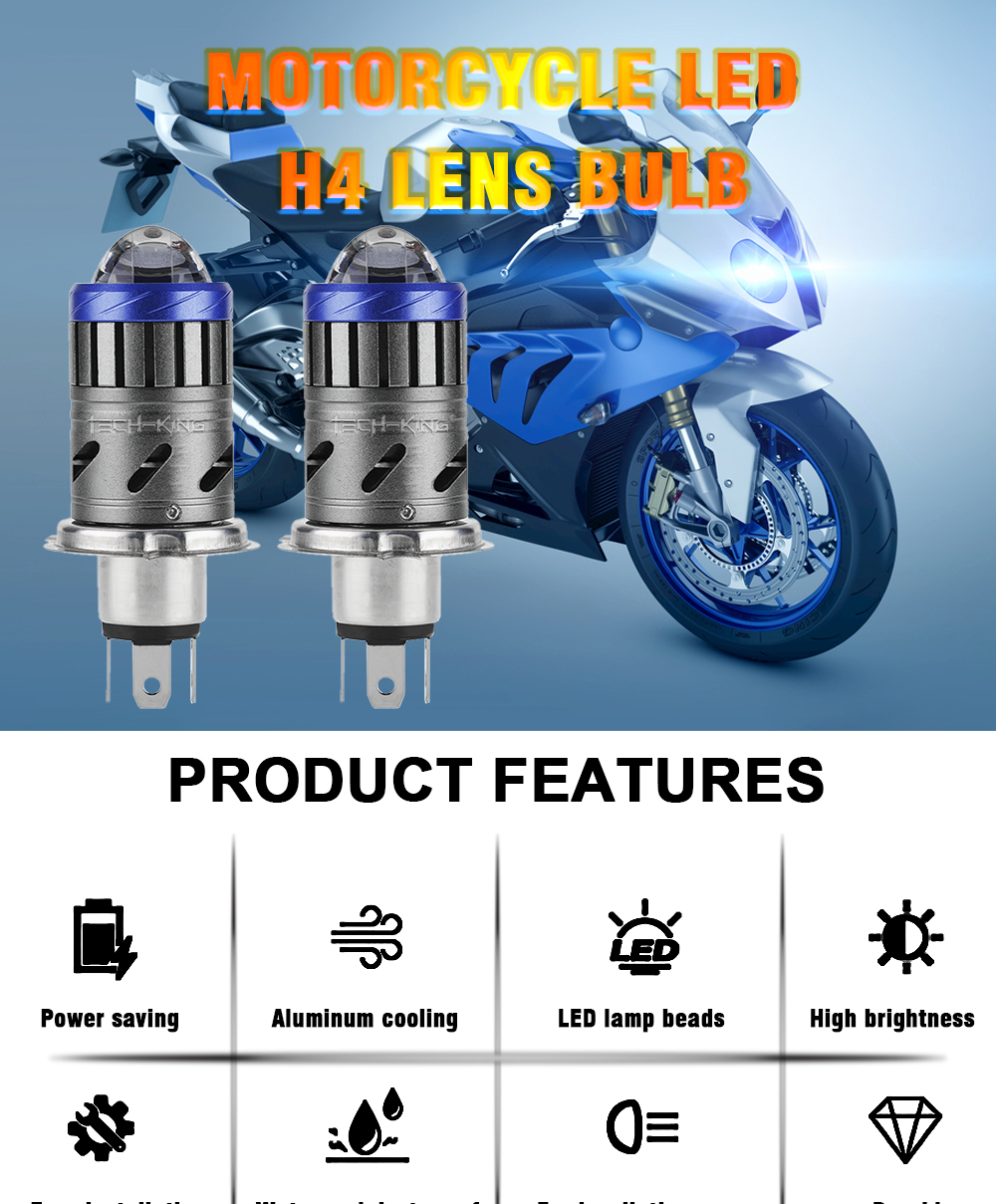 TECH-KING Motorcycle LED Headlight Bulb HS1 9003 Hi/Lo Beam 26W 3000LM Snowmobile Scooter place Directly Conversion H4 lens bulb
