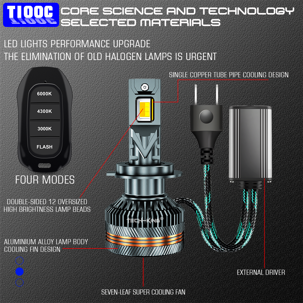 TECH-KING High Quality Auto Lights Head Lamps H1 H3 H4 H7 H11 9005 9006 9012 6000K 4300K 3000K Flash Four Mode LED Headlights